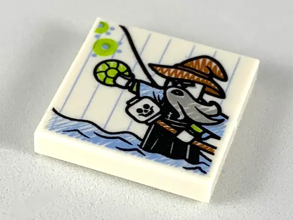 White Tile 2 x 2 with Child's Drawing, Man Standing in Water with Jewel and Skull Staff Pattern