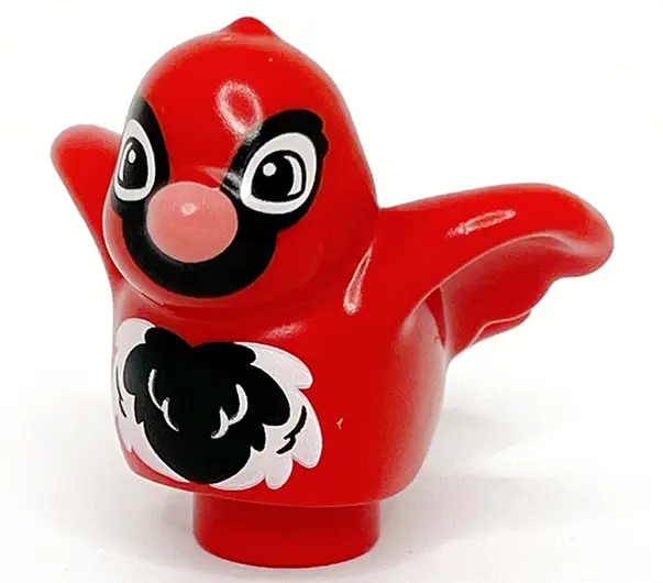 Red Duplo Bird with Black and White Eyes, Face, and Chest Feathers, Coral Beak Pattern