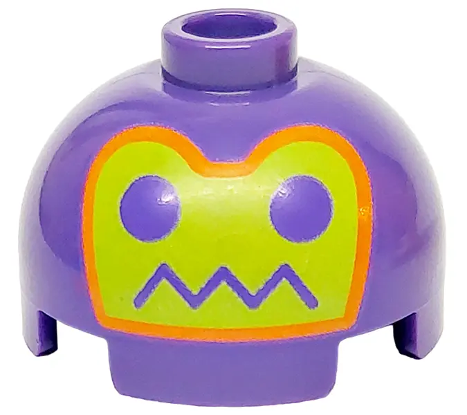 Dark Purple Brick, Round 2 x 2 Dome Top with Robot Face with Eyes and Zigzag Line Mouth on Lime Back