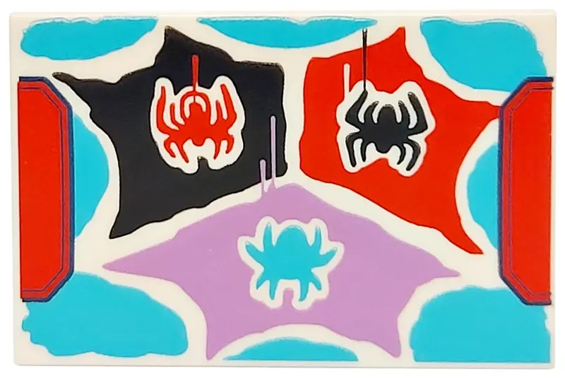 White Tile 2 x 3 with Spiders on Black, Medium Azure, Medium Lavender and Red Spider Web Pattern