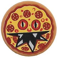 Medium Nougat Tile, Round 2 x 2 with Bottom Stud Holder with Pizza Pepperoni Scary Face Pattern