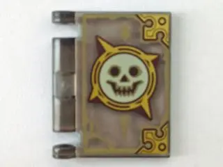 Trans-Brown Minifigure, Utensil Book Cover with Gold Circle with Spikes, White Smiling Skull, Dark T
