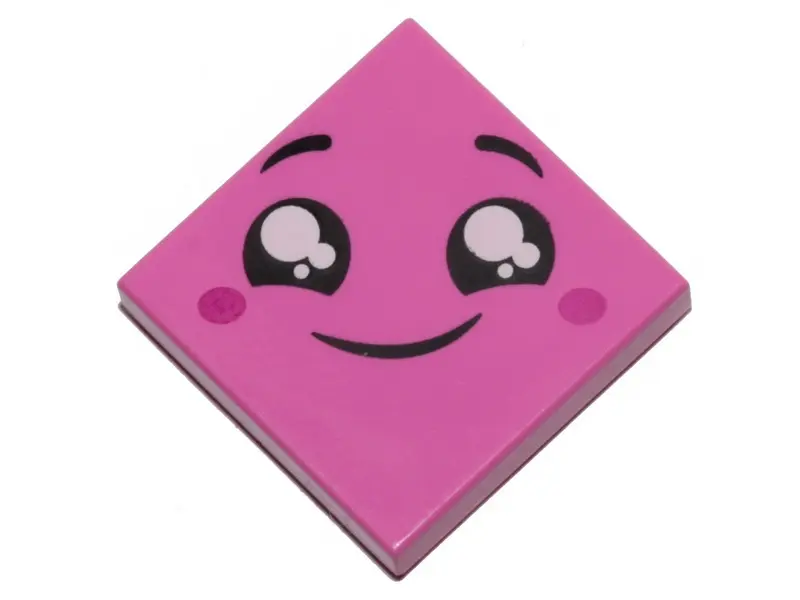 Dark Pink Tile 2 x 2 with Face, Smile, Black Eyes with White Pupils, Raised Eyebrows, Red Cheeks Pat
