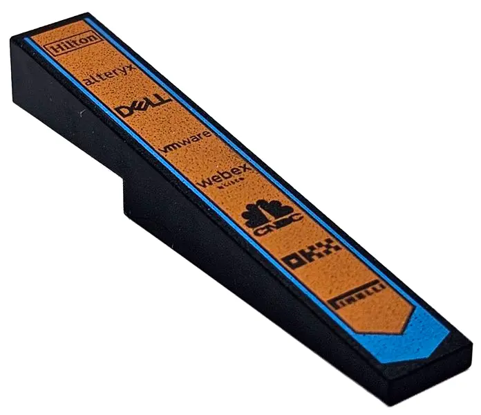 Black Slope 10 6 x 1 with Orange and Dark Azure Pointed Stripe and 'Hilton', 'alteryx', 'DELL', 'vmw