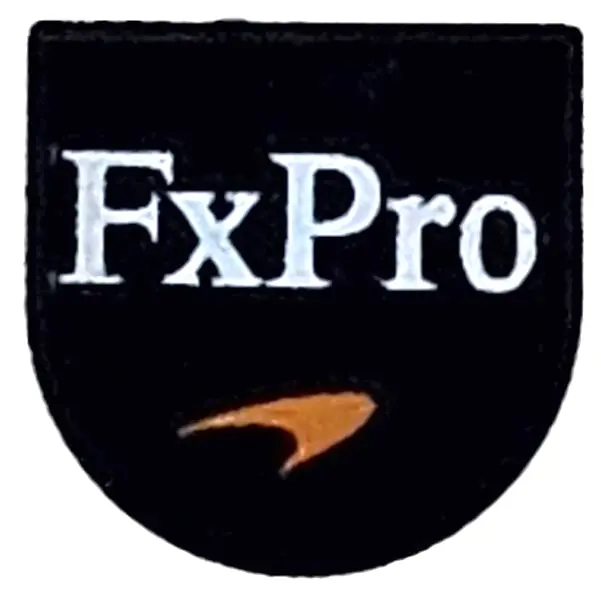 Black Tile, Round 1 x 1 Half Circle Extended with White 'FxPro' and Orange McLaren Logo Pattern