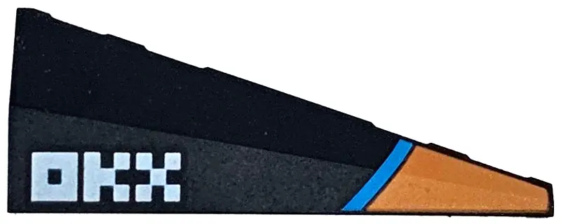 Black Wedge 5 x 2 Left with Orange Panel, Dark Azure Stripe, White Pixelated 'OKX' Pattern