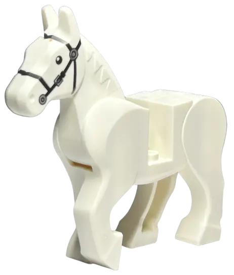 White Horse, Movable Legs with Black Eyes, White Pupils, and Single Silver Buckle on Black Bridle Pa