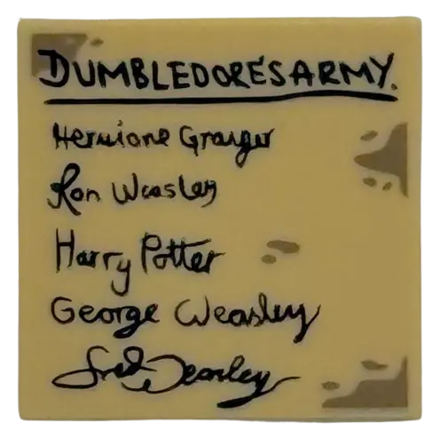 Tile 2 x 2 with Black 'DUMBLEDORE'S ARMY' 'Hermione Granger' 'Ron Weasley' 'Harry Potter' 'George We