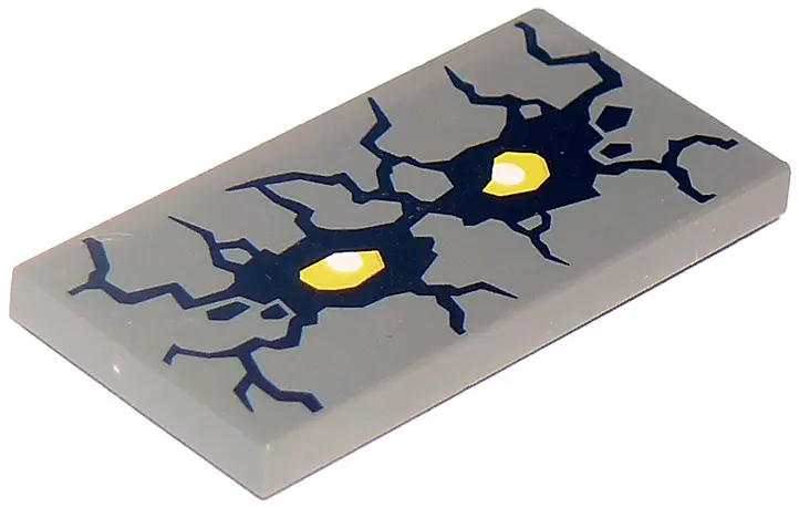 Dark Bluish Gray Tile 2 x 4 with Rock Creature Face with Yellow Eyes Pattern