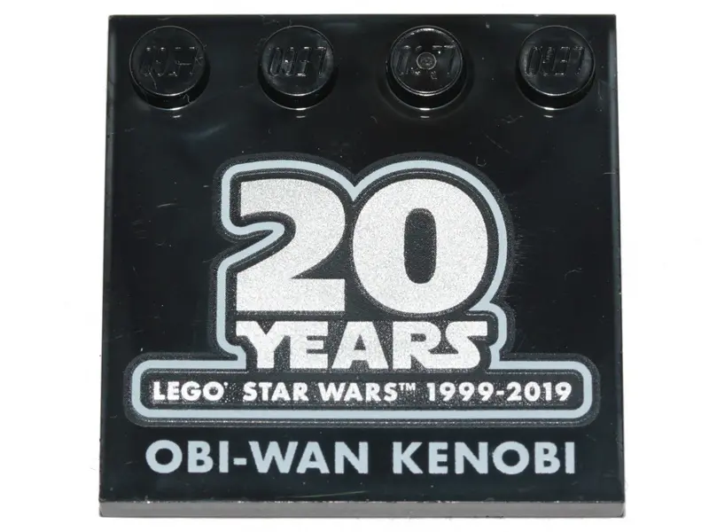 Black Tile, Modified 4 x 4 with Studs on Edge with SW '20 YEARS LEGO STAR WARS 1999-2019' and 'OBI-W