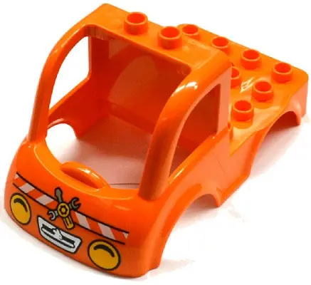 Orange Duplo Car Body Truck 4 x 4 Flatbed with 2 Top Studs, Grille and Headlights, White Danger Stri