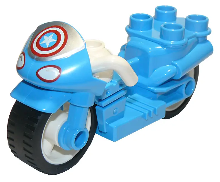 Dark Azure Duplo Motorcycle with Rubber Wheels, White Handlebars, Headlights and Captain America Sta