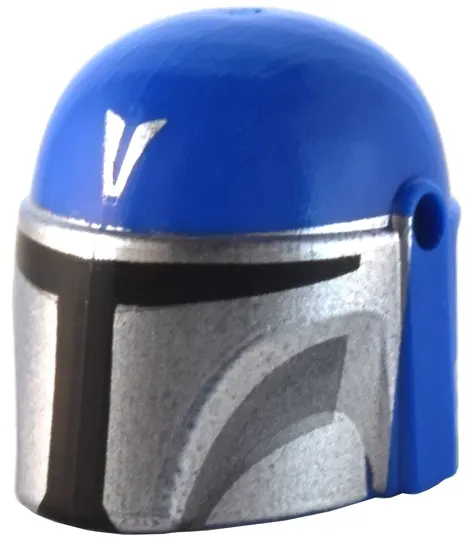 Blue Minifigure, Headgear Helmet with Holes, SW Mandalorian with Silver 'V' and Mask, Dark Bluish Gr