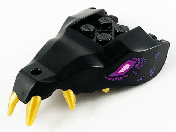 Black Dragon Head (Ninjago) Jaw with 2 Bar Handles on Back with Molded Gold Teeth, Magenta and Dark 