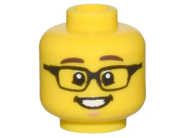 Yellow Minifigure, Head Dark Brown Eyebrows, Black Rectangular Glasses, Open Mouth Smile, White Teet