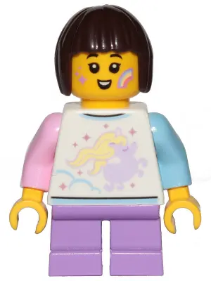 Child - Girl, White Shirt with Unicorn, Medium Lavender Short Legs, Dark Brown Bob Cut Hair, Rainbow
