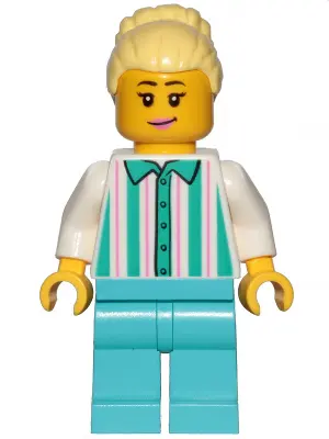 Fairground Employee, Female - Bright Light Yellow Hair with High Bun, White Shirt with Stripes, Medi