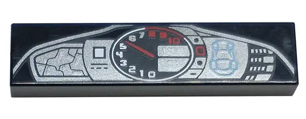 Black Tile 1 x 4 with Dashboard Display with Car Outline and Silver and Red Speedometer Gauge Patter