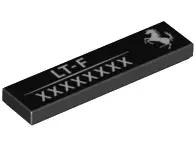 Black Tile 1 x 4 with Ferrari Logo White Horse, 'LT-F' and 8-digit Serial Number Pattern