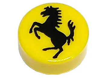 Yellow Tile, Round 1 x 1 with Black Horse Silhouette Ferrari Logo Pattern