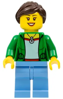Customer - Green Female Jacket Open with Necklace, Medium Blue Legs, Dark Brown Ponytail and Swept S