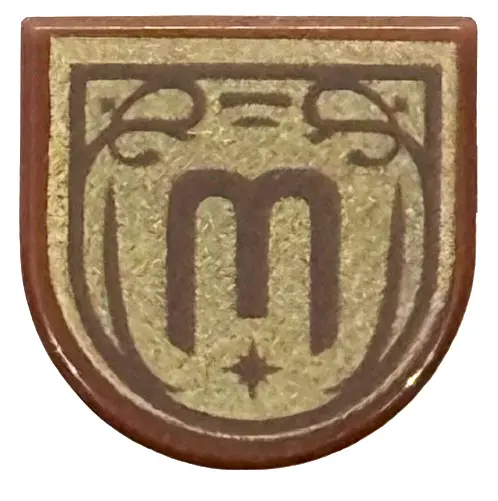 Reddish Brown Tile, Round 1 x 1 Half Circle Extended with Dark Brown Letter E / M / W in Ornate Fram