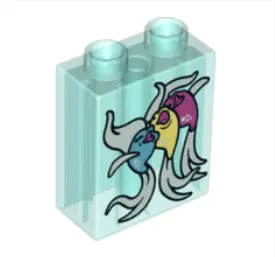 Trans-Light Blue Duplo, Brick 1 x 2 x 2 with 3 Singing Fish Pattern