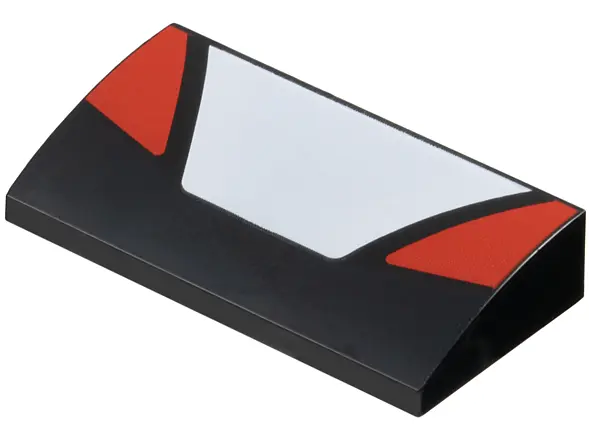 Black Slope, Curved 2 x 4 x 2/3 with Bottom Tubes with White Trapezoid in Center and Red Triangular 