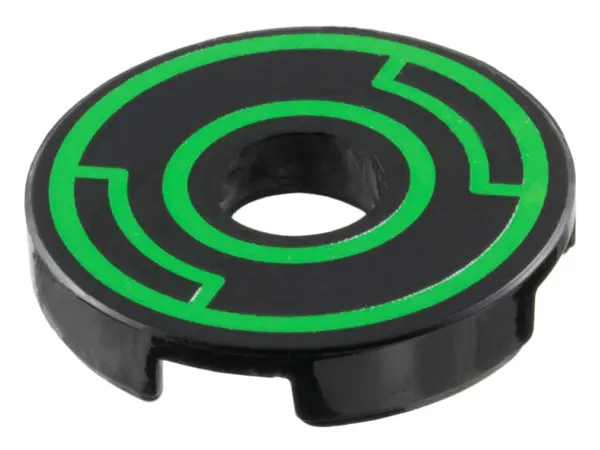Black Tile, Round 2 x 2 with Hole with Bright Green Concentric Circles with Insets Pattern