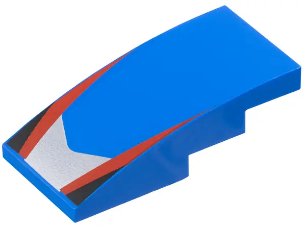 Blue Slope, Curved 4 x 2 with Silver V-Shaped Center Panel, Red Stripes, Black Triangles Pattern