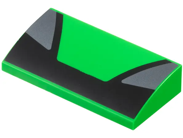 Bright Green Slope, Curved 2 x 4 x 2/3 with Bottom Tubes with Trapezoid in Center and Dark Silver Tr