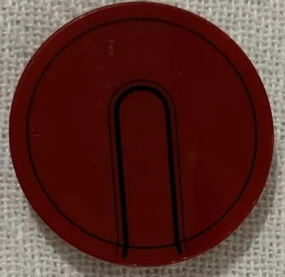 Dark Red Tile, Round 3 x 3 with Iron Man Helmet Black Circle and Tab Pattern