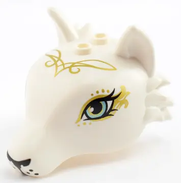 White Fox Head with Metallic Light Blue Eyes with Eyelashes, Black Nose and Whisker Dots, Gold Swirl