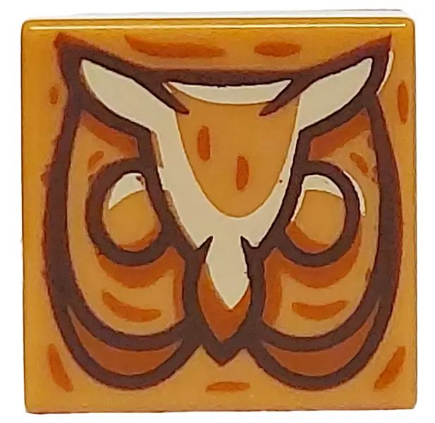 Medium Nougat Tile 1 x 1 with Owl Head with Dark Brown Outline, Tan Feathers and Dark Orange Highlig