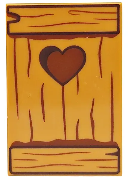 Medium Nougat Tile 2 x 3 with Wooden Boards with Dark Brown Wood Grain and Reddish Brown Heart Patte