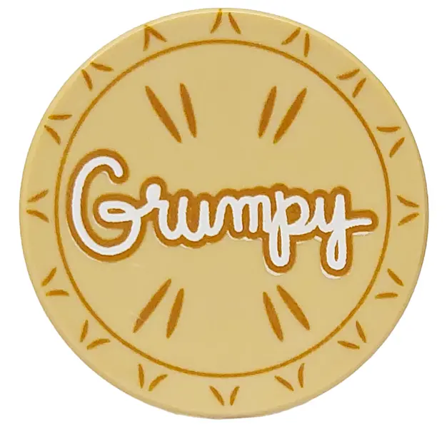 Tan Tile, Round 2 x 2 with Bottom Stud Holder with White 'Grumpy', Dark Tan Outline and Lines (Pie L