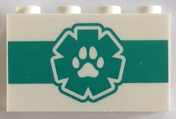 White Panel 1 x 4 x 2 with Side Supports - Hollow Studs with Paw Print on Dark Turquoise EMT Star of