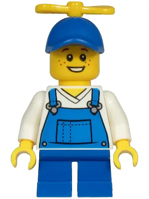 Child - Boy, Blue Overalls over V-Neck Shirt, Blue Short Legs, Blue Cap with Yellow Tiny Propeller, 