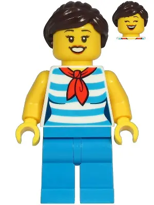 Diner Employee - Female, Dark Azure and White Striped Shirt with Red Scarf, Dark Azure Legs, Dark Br