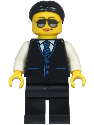 Limousine Driver - Female, Black Vest with Blue Striped Tie, Black Legs, Black Hair, Sunglasses and 