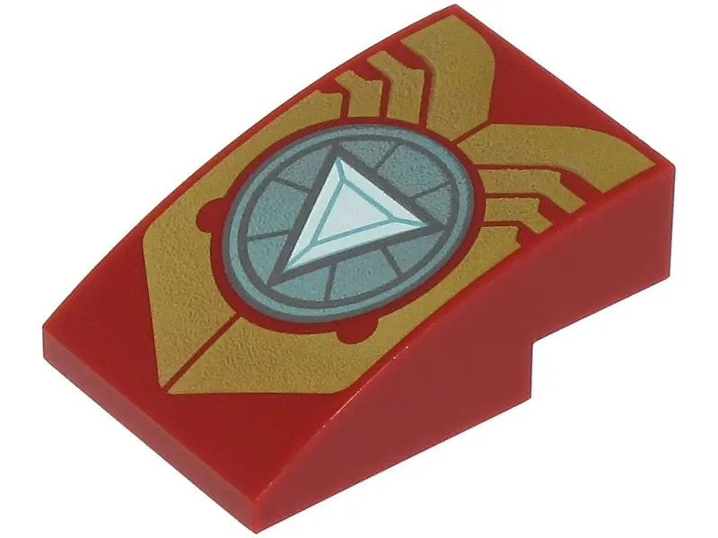 Dark Red Slope, Curved 3 x 2 with Gold Iron Man Armor Plates and Metallic Light Blue Circle Arc Reac