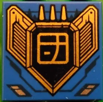 Blue Tile 2 x 2 with Dark Blue Lines and Gold and Black Engine with Ninjago Logogram Letter J in Squ