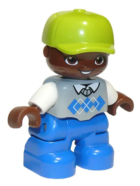Duplo Figure Lego Ville, Child Boy, Blue Legs, Light Bluish Gray Argyle Sweater Vest, White Arms, Li