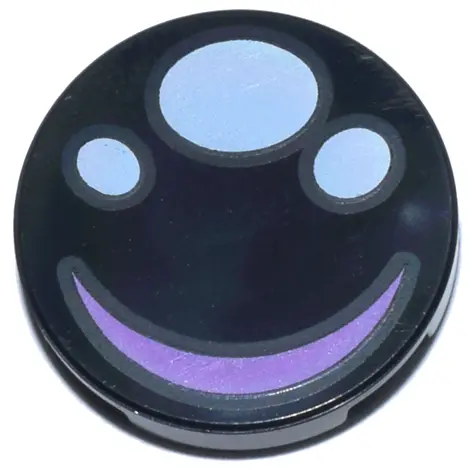 Black Tile, Round 2 x 2 with Bottom Stud Holder with Eye with White Ovals and Medium Lavender Cresce