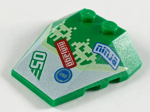 Green Wedge 4 x 4 Triple with Stud Notches with Pixel Aliens, 'ninjago', 'ninja' and '05' Pattern