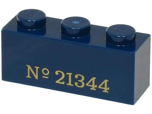 Dark Blue Brick 1 x 3 with Gold '№ 21344' Pattern