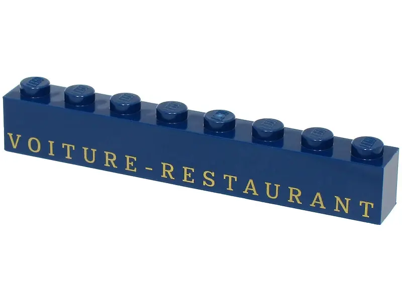 Dark Blue Brick 1 x 8 with Gold 'VOITURE-RESTAURANT' Pattern