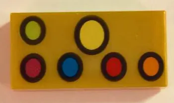Pearl Gold Tile 1 x 2 with Lime, Yellow, Magenta, Blue, Red, and Orange Ovals with Black Outlines Pa