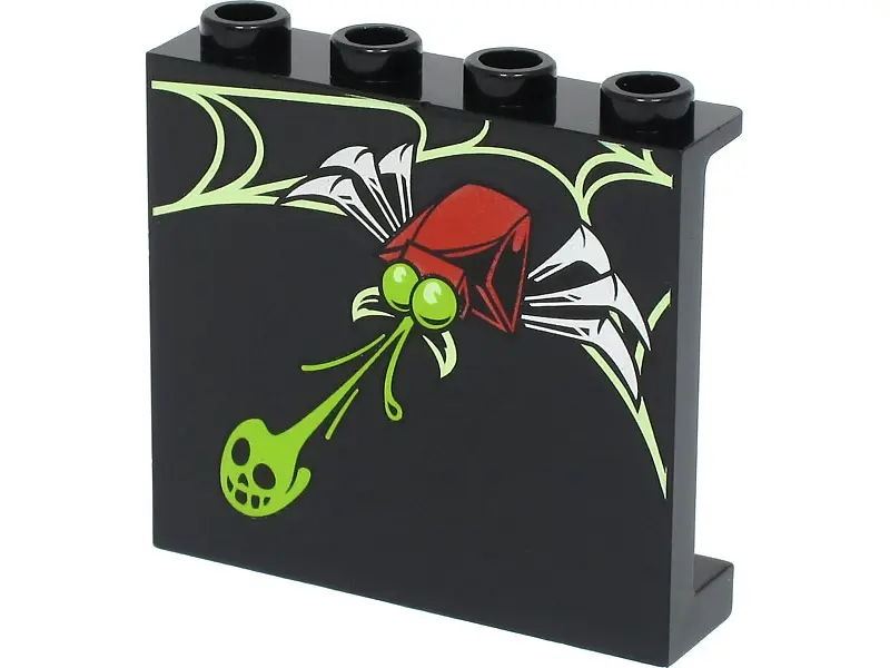 Black Panel 1 x 4 x 3 with Side Supports - Hollow Studs with Yellowish Green Web, Lime Skull and Red