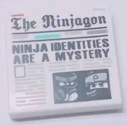 White Tile 2 x 2 with Newspaper, 'The Ninjagon', and 'NINJA IDENTITIES ARE A MYSTERY' Pattern